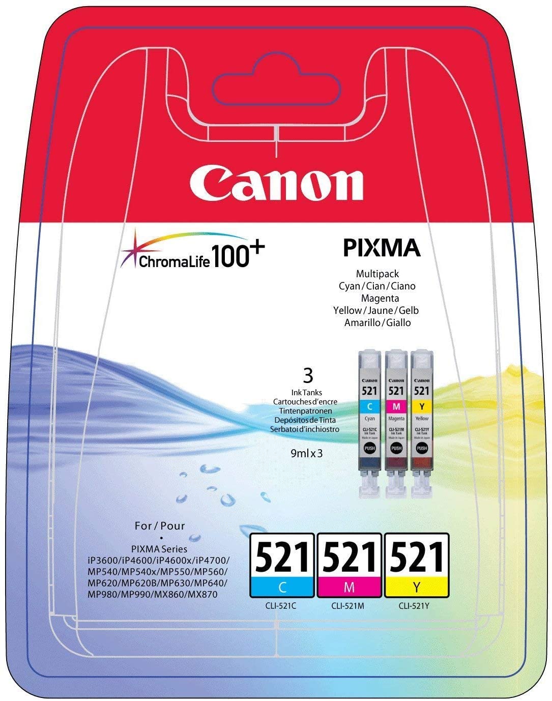 Canon CLI-521 C M Y Pack of 3 cartridges (Cyan Magenta Yellow) Genuine Canon (Plastic Pack ), Standard