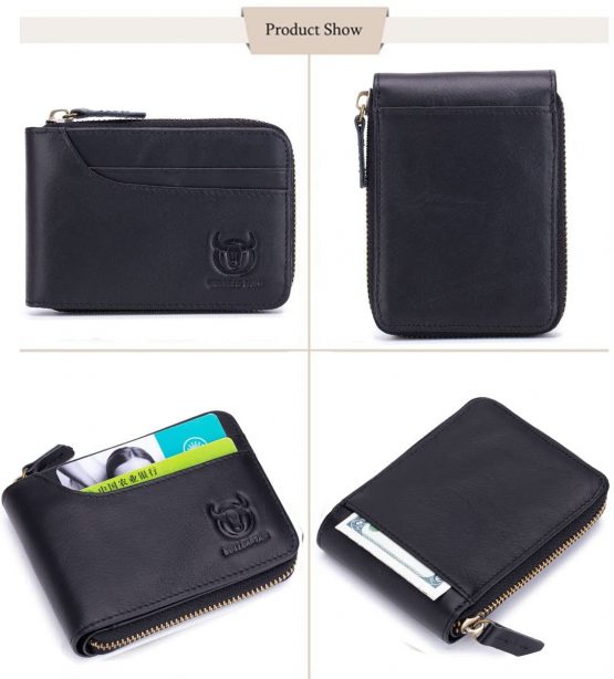 BULLCAPTAIN Leather Wallet Zipper Men Wallet, Mens RFID Antimagnetic Genuine Leather 11 Card Slots Wallet Coin Purse Wallet Credit Card Holder (Black) - Image 3