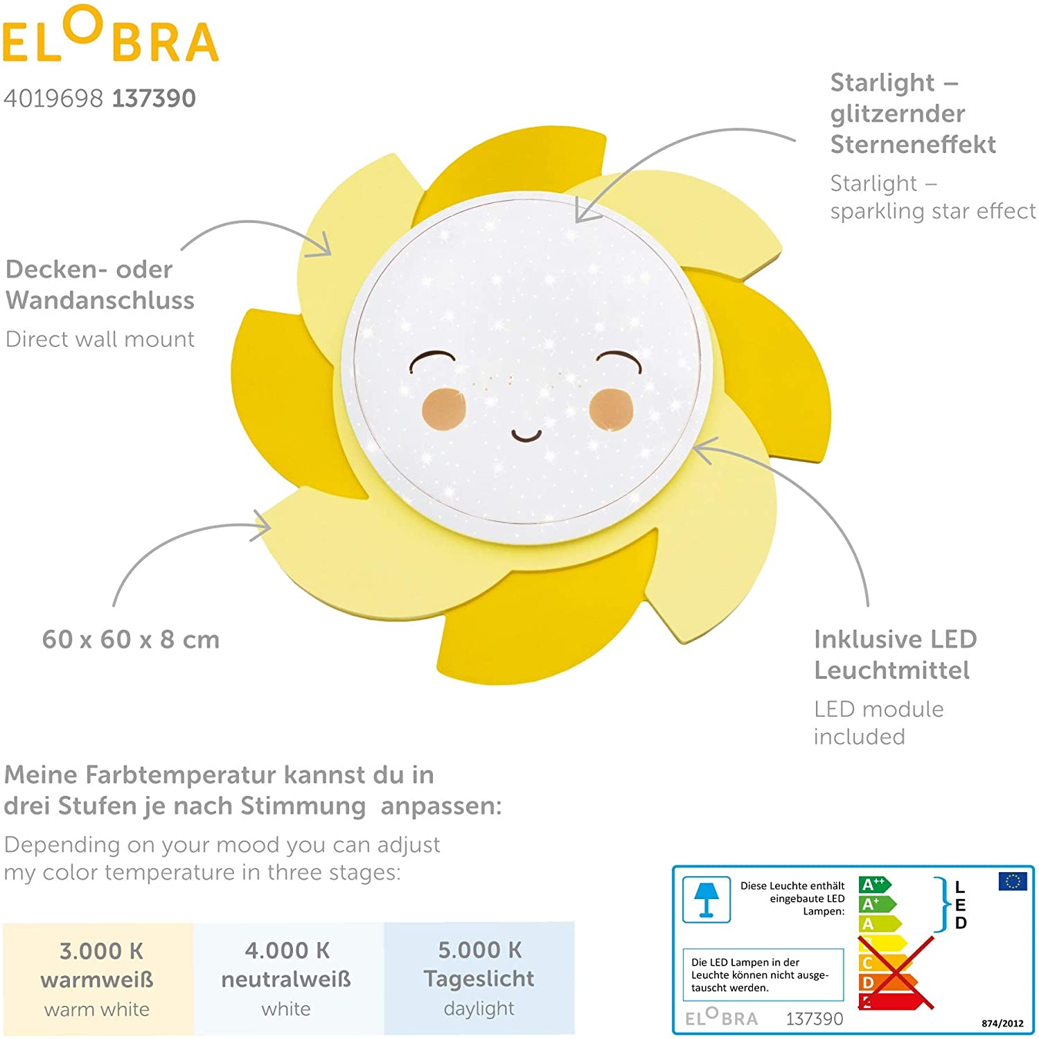 Elobra Starry Sky Lamp Sun High-Quality LED Ceiling Light/Wall Lamp for Boys and Girls Made of Wood Dimmable, Yellow - Image 4