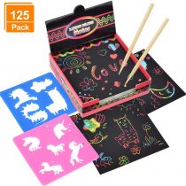 Scratch Arts [125 Sheets + 2 Wooden Stylus + 2 Stencils] Arts and Crafts for Kids, DIY Projects, Black Paper Magic Rainbow Painting Boards [8.5*8.5cm]