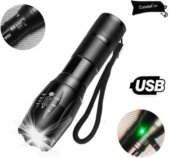 Flashlight Torches USB Rechargable,Constefire LED Torch LED Flashlight Adjustable Focus Handheld Flashlight Super Bright 1200 Lumens Pocket Torch 5 Mode ,Zoomable and Waterproof Camping Outdoor Torch