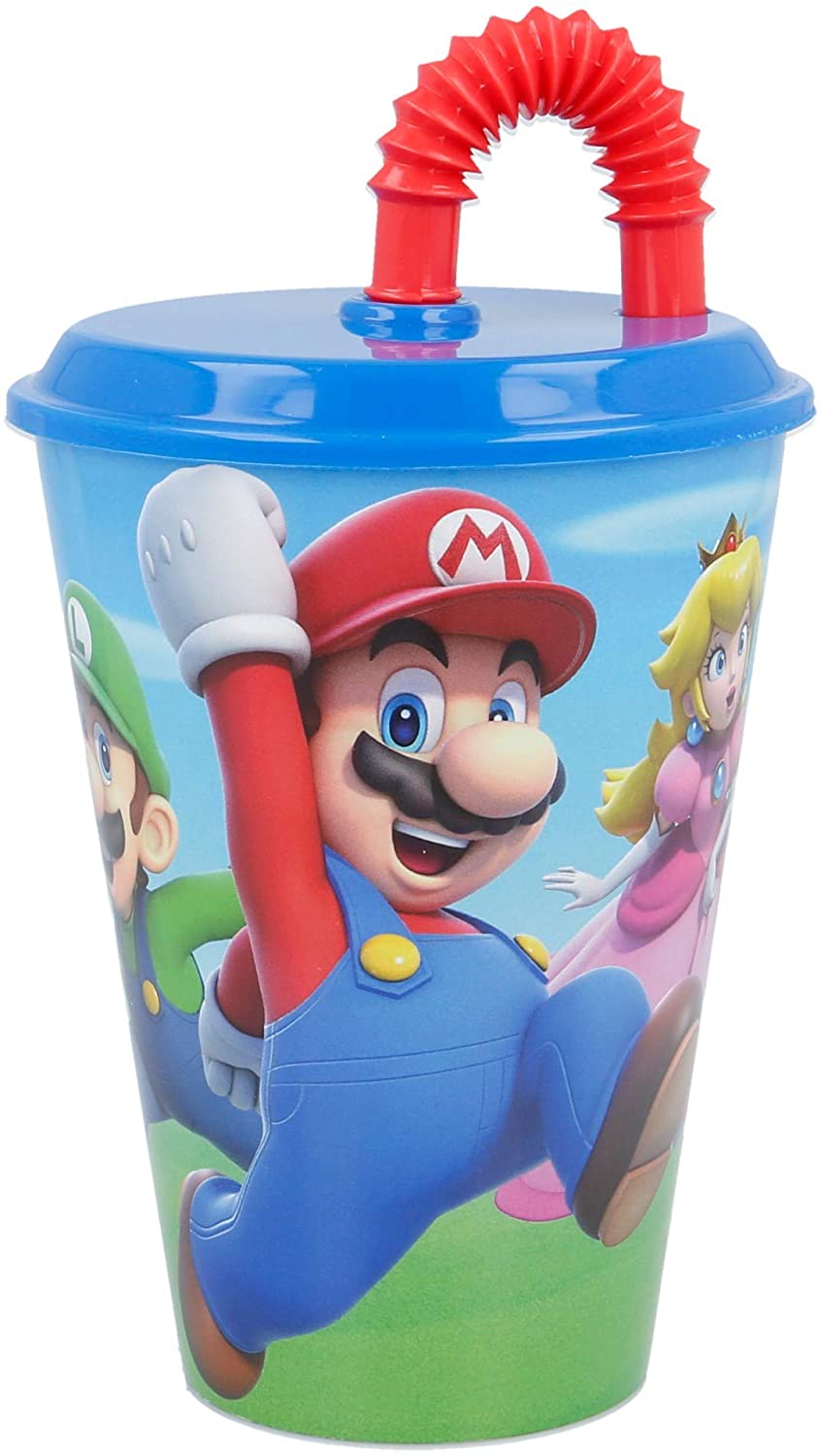 Stor Super Mario 430ml, Kids Cup with Lid and Straw-Multicolored Cup for Children, Nintendo Switch Game Fans- Reusable