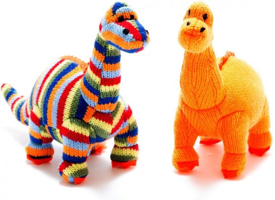 Small Knitted Multi Striped Diplodocus Dinosaur Baby Rattle. Suitable from Birth - Image 2