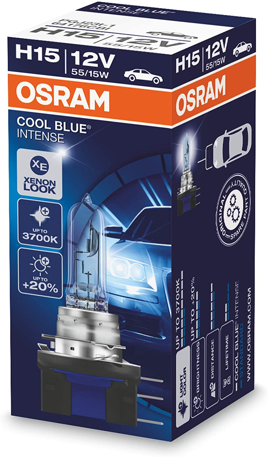 OSRAM COOL BLUE INTENSE H15, headlight bulb for halogen headlamps xenon effect for white light 64176CBI, 12 V passenger car