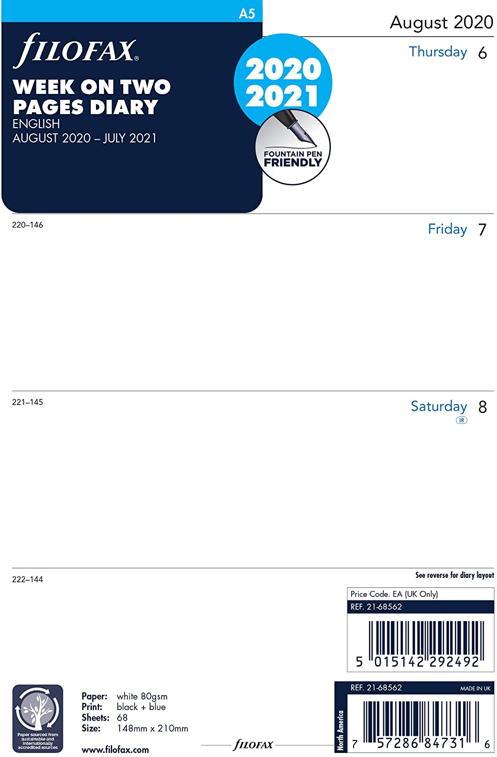 Filofax A5 Week on Two Pages English mid Year Diary August 20 - July 21, white