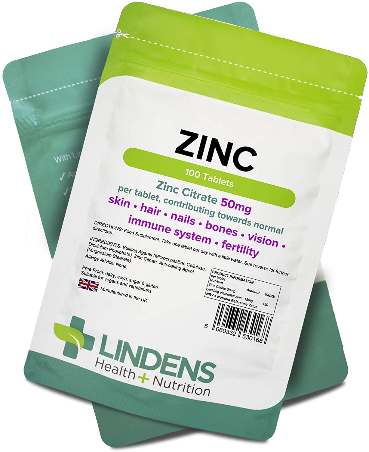 Lindens Zinc Citrate 50mg, 100 Vegan Tablets, Immune Function, Fertility, Healthy Bones, Vision, Hair, Nails and Skin - Image 4