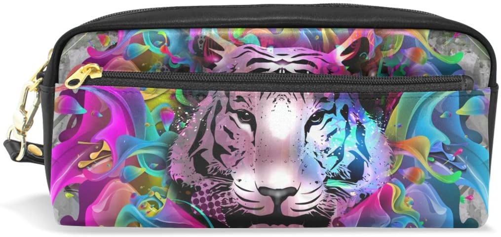ISAOA Large Capacity Pencil Case and PU Leather Pen Bag Color Tiger Zipper Stationery Supplies Pencil Pouch Comestic Makeup Bag for Girls and Boys