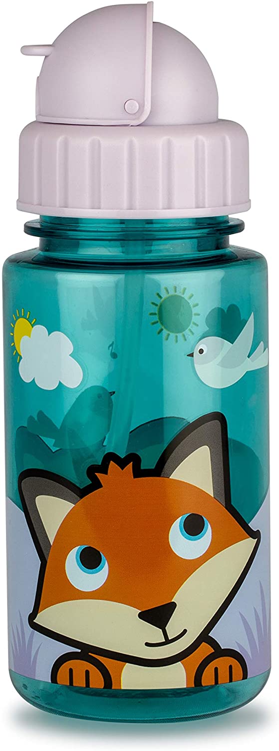 TUM TUM Flip Top Kids Water Bottle with Straw, Tritan Toddler Water Bottle, 400ml, BPA Free, Felicity Fox