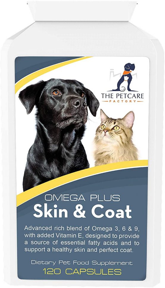 The Petcare Factory Omega Plus Skin & Coat Supplement For Dogs and Cats, Triple Action Omega 3, 6 & 9 With Added Vitamin E, 120 Softgel Capsules 1000mg, Human Grade Ingredients, UK Manufactured