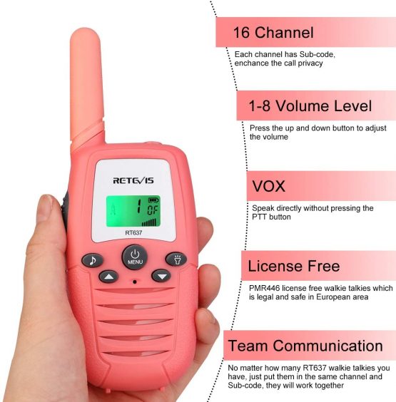 Retevis RT637 Walkie Talkies for Kids Aged 6-12, Toys Gifts with Flashlight, Long Range 16CH VOX Rechargeable for Children Family Travel Vocation Outdoor Indoor Games (1 Pair, Pink) - Image 4