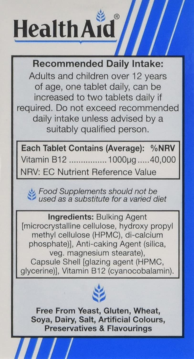 HealthAid Vitamin B12 (Cyanocobalamin) 1000ug - Prolong Release - 50 Tablets, White, 50 count (Pack of 1) - Image 2