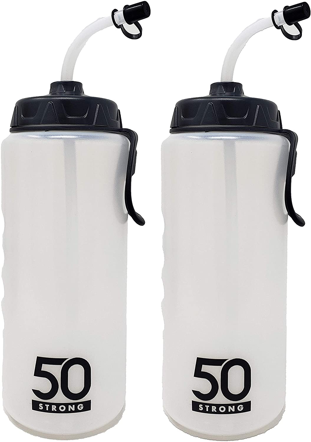 50 Strong 1 Liter Sports Water Bottle W/Straw 2 Pack, Easy Squeeze + Built in Finger Grip & Carry Loop, BPA Free Plastic