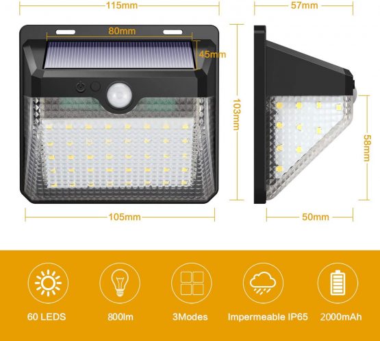 iPosible Solar Lights Outdoor, Upgraded [ 2 Pack ] 60 LED Solar Powered Lights 270º Wide Angle Lighting 180° Sensor LED Wireless Waterproof Solar Security Lights Solar Wall Lights 3 Modes for Garden - Image 2