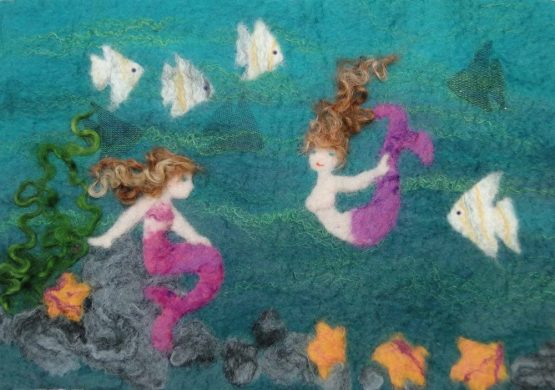 Artfelt mermaid picture felt kit- a carefully designed felting kit to make mermaid and fish pictures with online tutorial.