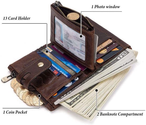 HALOViE Mens Wallet RFID Blocking Leather Wallets with Zip Coin Pocket Credit Card Holder Anti-Theft Purse(Brown) - Image 4