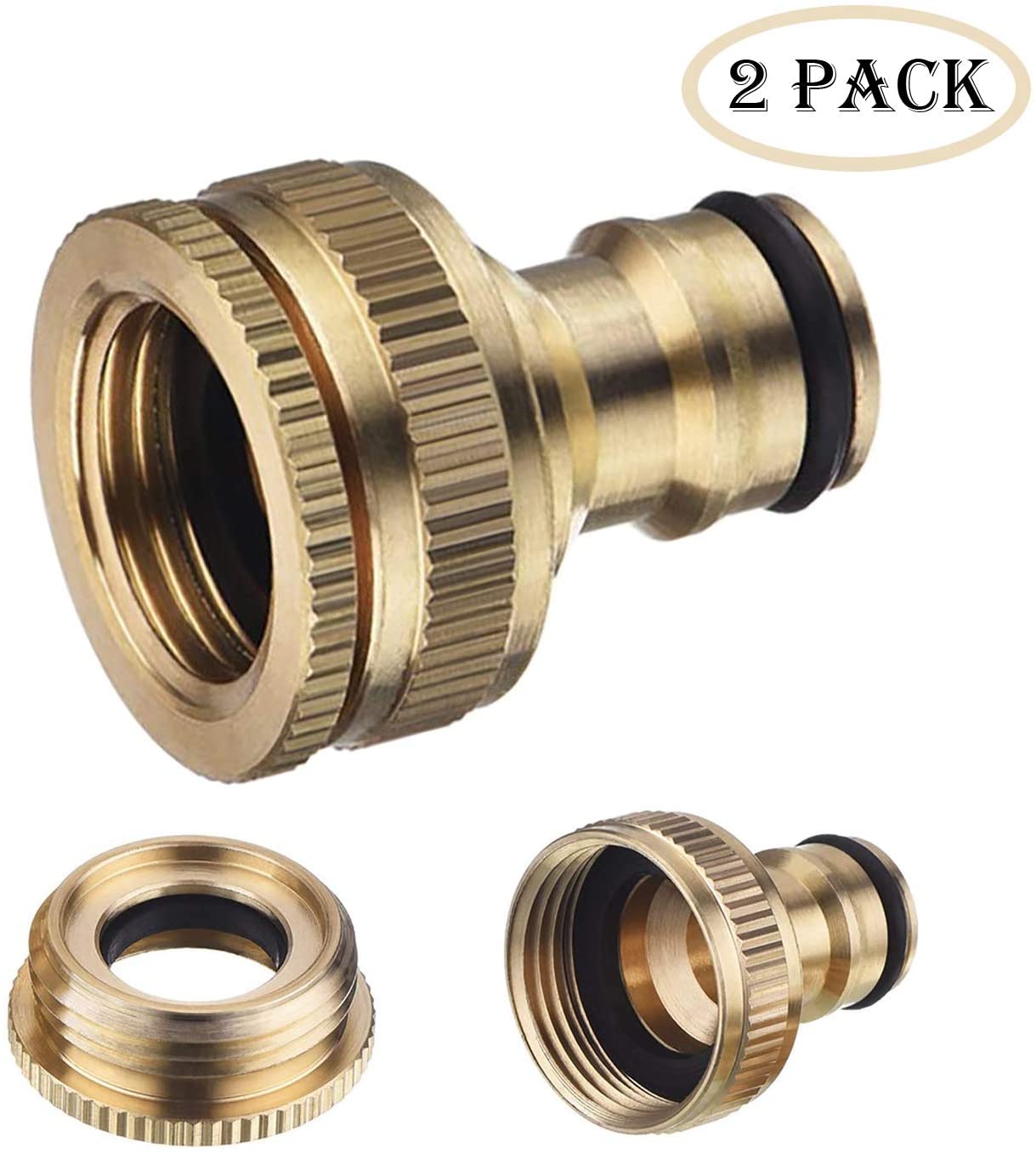 Tesmotor Brass Garden Hose Tap Connector fitting for 1/2 Inch (21mm) & 3/4 Inch (26.5mm) 2-in-1 Threaded Faucet Adapter (2 Pack)