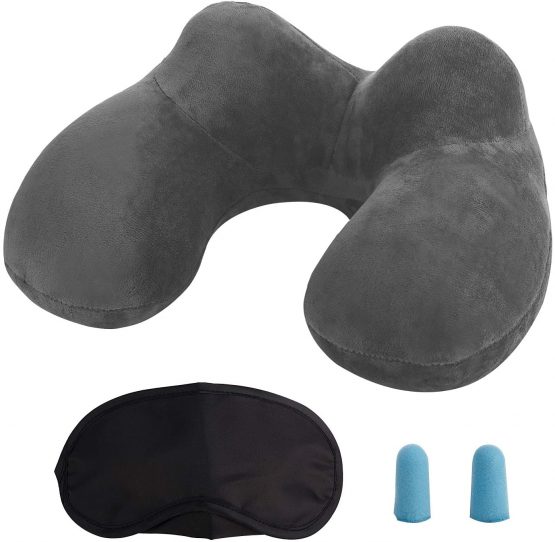 LUZWAY Inflatable Travel Pillow Neck Pillow Kits Ergonomic Soft Velvet Washable Pillowcase with Ear Plug and Eye Mask, Idea for Kids, Sleeping on Airplane, Car, and Train