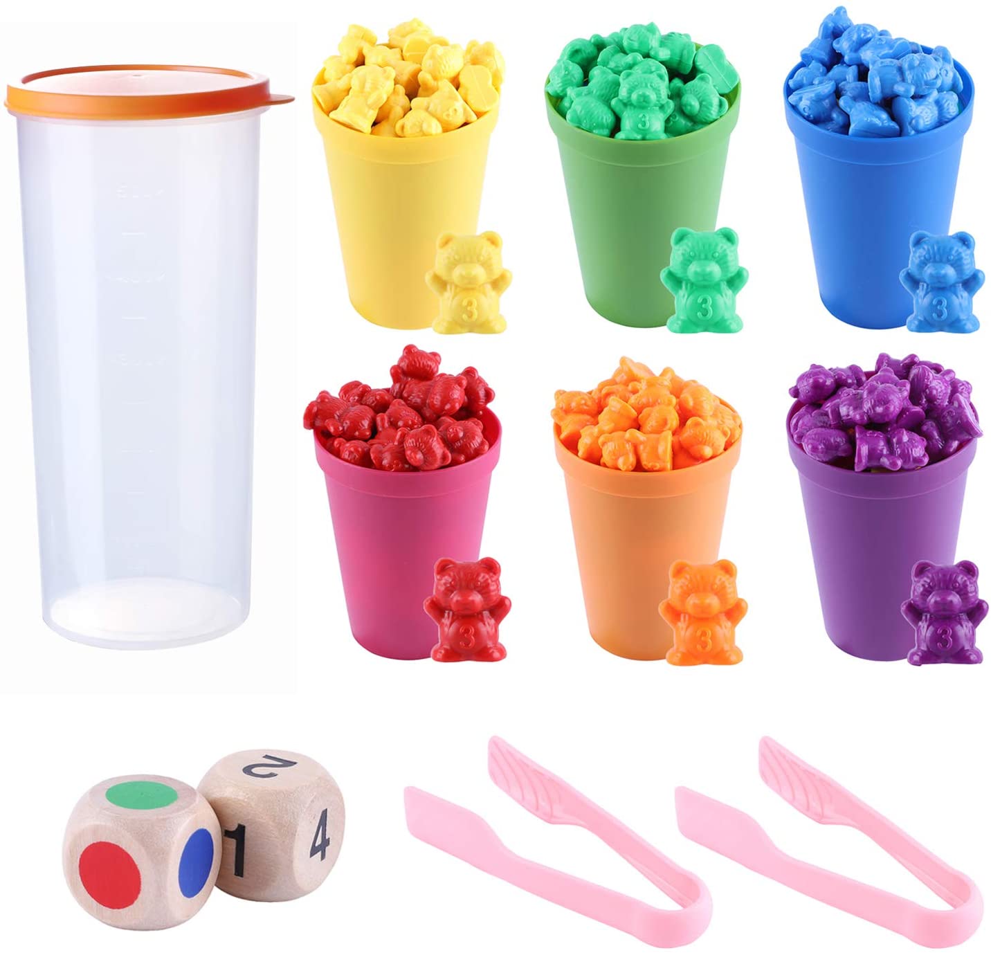 Rainbow Counting Bears with Matching Sorting Cups Dices and Tweezers Counting Bears Set Montessori Rainbow Matching Game Educational Color Sorting Toys for Toddlers Babies by MYCeator 71 Pcs