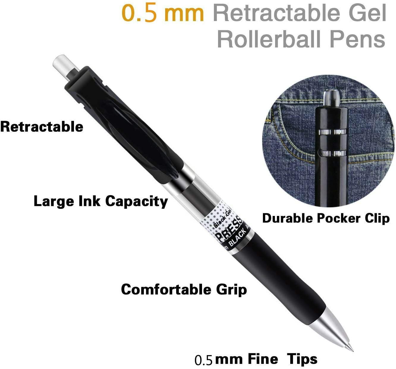 Reaeonat Gel Pens, 18 Pack 0.5mm Retractable Rollerball Pens Black ink Smooth Pens for Adult Writing Note Taking Office Supply - Image 3