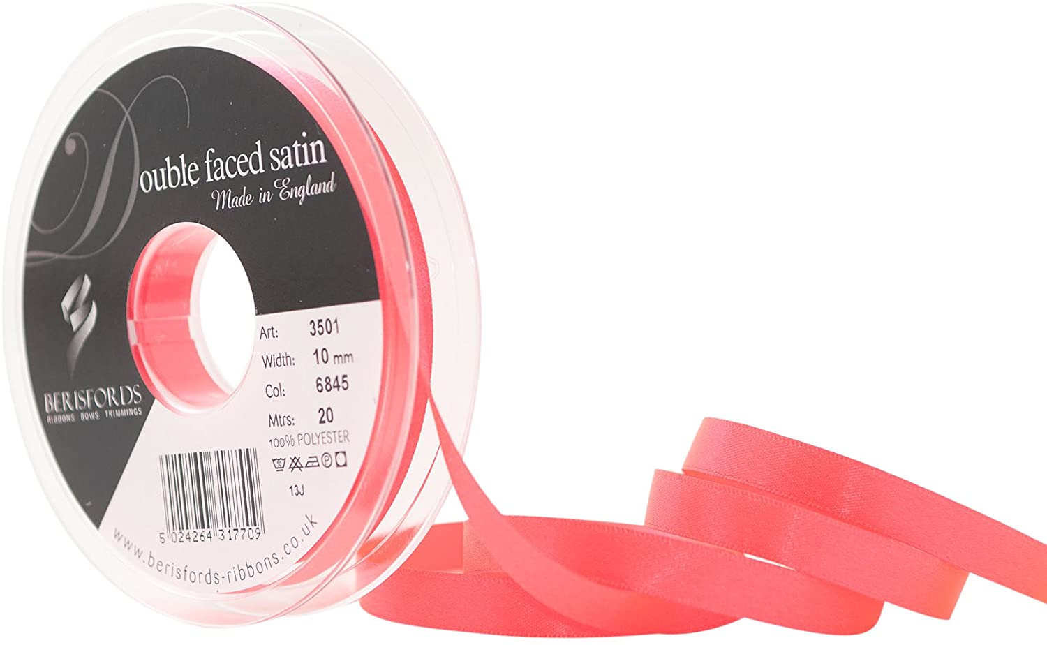 Berisfords Double Satin Ribbon, Flo Pink, 10 mm x 20 m