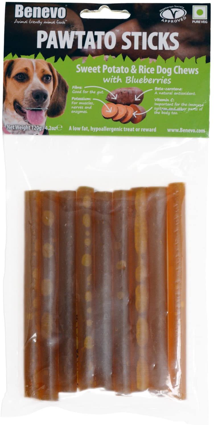 Pawtato Vegan Dog Sticks - Blueberry (1 x 120g) - Low Fat, Plant-Based Chews for Training & Reward, orange/brown, 120 g (Pack of 1)