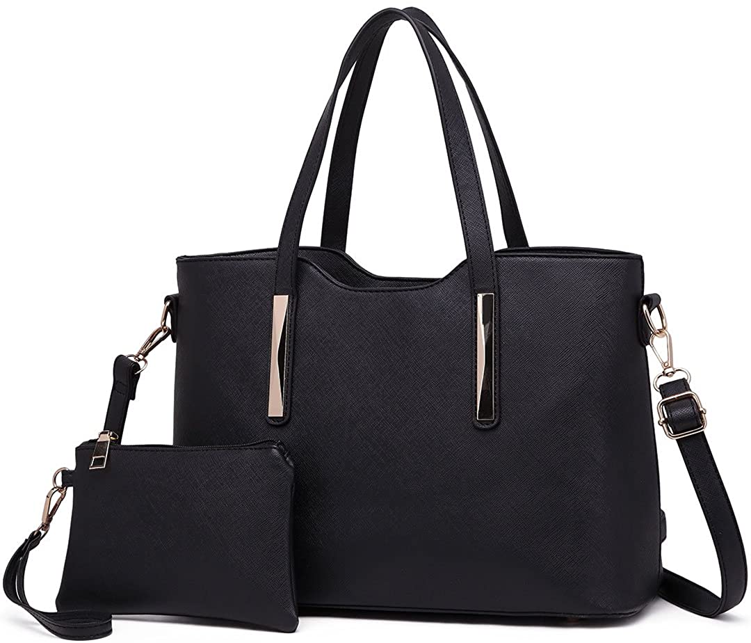 Miss Lulu Women's Handbag, Fashion Ladies Top Handle 2-Piece Tote & Shoulder Bag PU Leather, Black