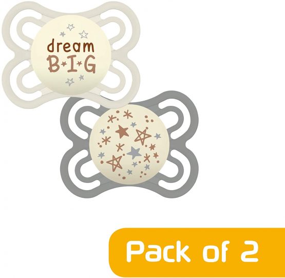 MAM Perfect Night Soothers 0+ Months (Pack of 2), Thinner and Softer Baby Soothers with Self Sterilising Travel Case, Newborn Essentials, White/Grey (Designs May Vary) - Image 3