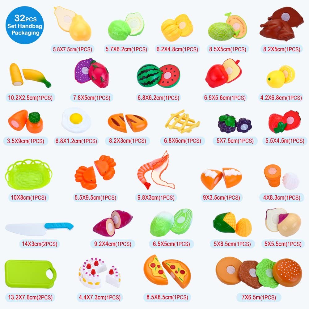 JoyGrow 32PCS Cutting Toys Play Food Fruits Vegetable Kitchen Playset Educational Learning Toy Boy Girl Kid with Handbag Packing (Blue) - Image 2