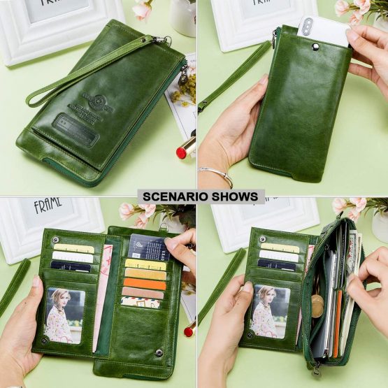 Contacts Mens Genuine Leather Bifold Card Holder Zipper Coin Purse Wallet (Green) - Image 4