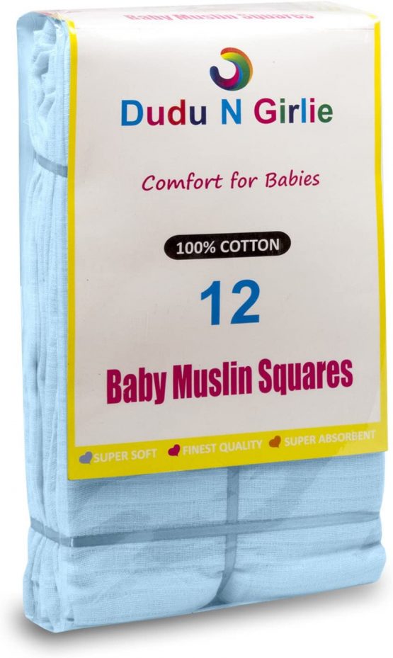 Dudu N Girlie Baby Muslin Square Burp Cloth 100% Pure Soft Cotton 70x70cm (Blue, Pack of 12)