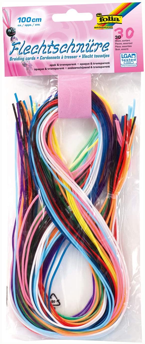 folia 731030 - Braided Cords, Opaque/Transparent, 30 Pieces Assorted in 10 Ideal for Braiding Bracelets Keyrings, etc