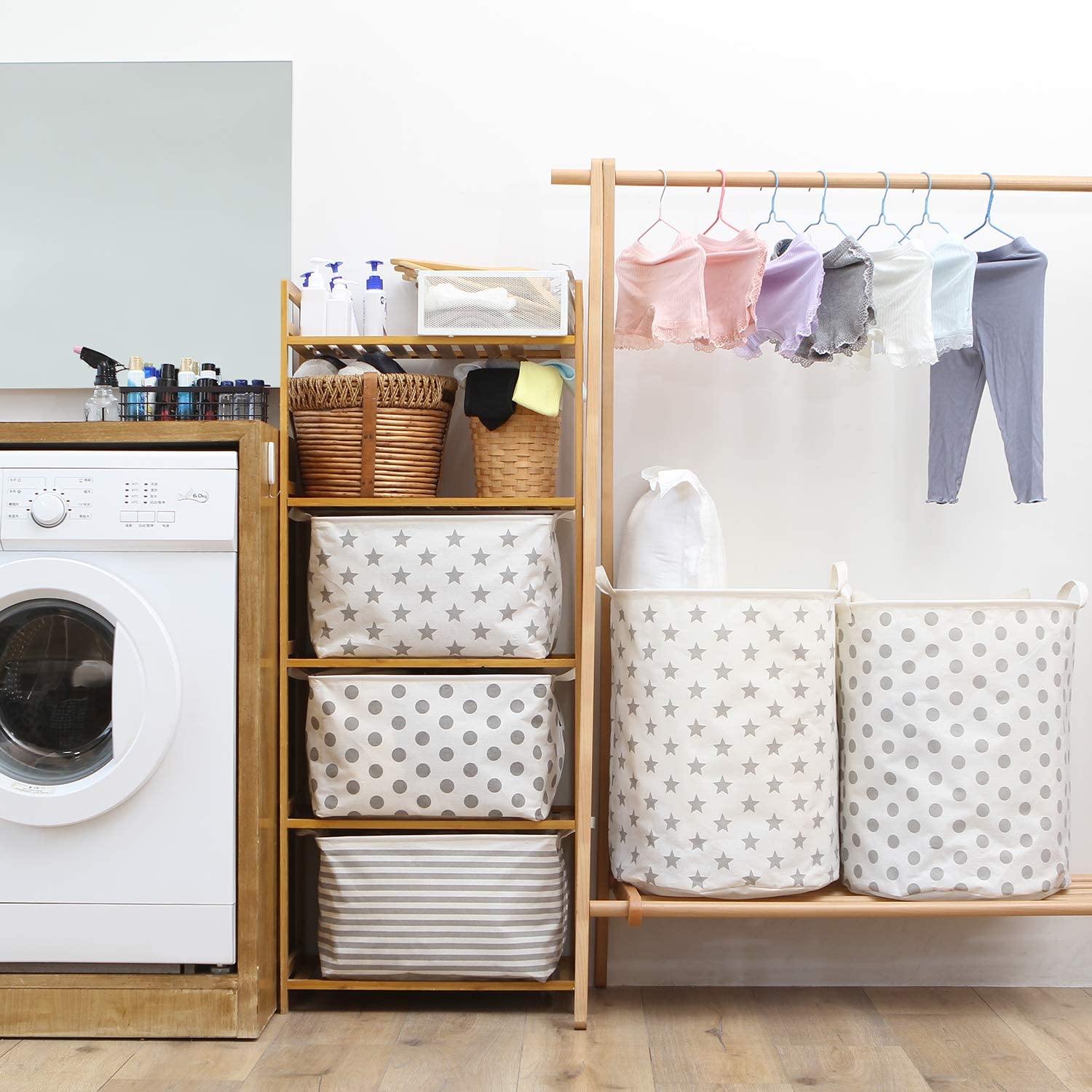 Sea Team 19.7 Inch Large Sized Waterproof Coating Ramie Cotton Fabric Folding Laundry Hamper Bucket Cylindric Burlap Canvas Storage Basket with Stylish Grey Stars Design - Image 2