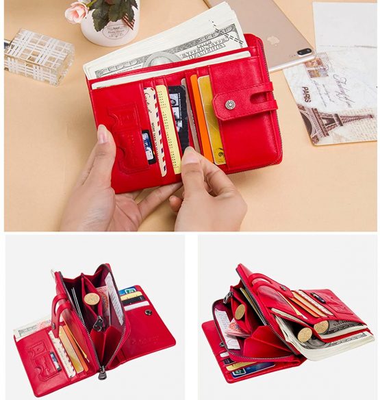 Contacts Real Leather Womens Bifold Trifold Wallet Multifunction Card Holder Clutch Travel Purse with Zipper Coin Pocket (Red) - Image 2
