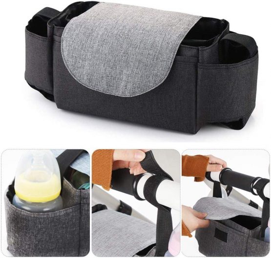 Baby Buggy Organiser Baby Pushchair Pram Cup Holder Bags Mummy Bag Universal Organiser with 2 Bottle Holders Pockets (Black)