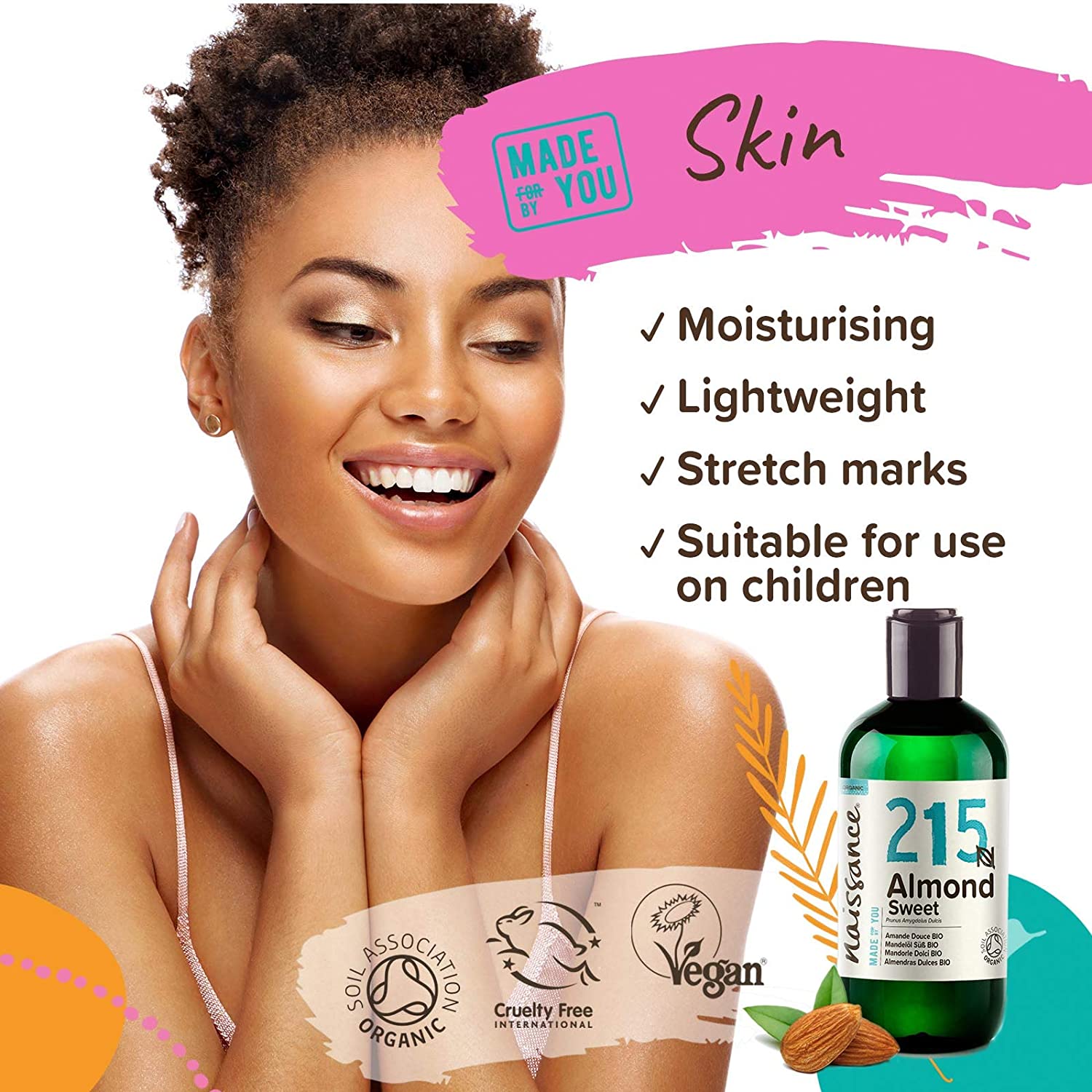 Naissance Certified Organic Sweet Almond Oil (no. 215) 225ml, for Skin Hair, Massage, Nails, Ears, Face, Body, Stretch Marks - Image 2