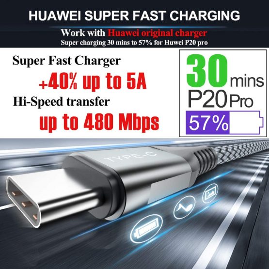 5A USB C Cable, [2M 2-Pack] Huawei Super Charge Type C 40w Fast Charging Charger Nylon Braided Cord for Huawei P30,P30 Pro,P30 Lite,P20,P20 Pro,P20 Lite,Mate 30 Pro Mate 20 X Mate 10,P10 P9 Plus-Grey - Image 2