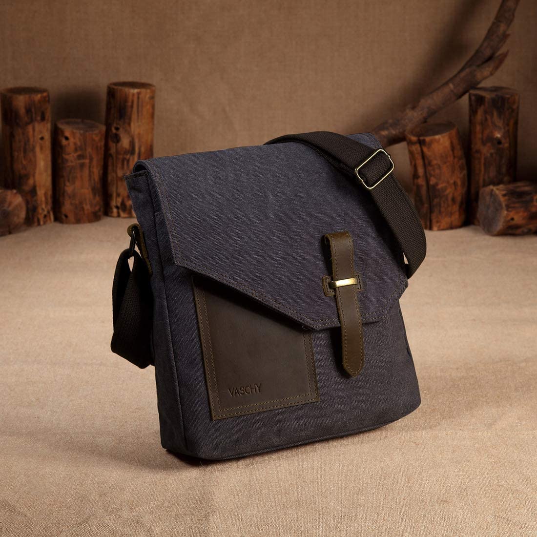 Man Bag, VASCHY Water Resistant Small Messenger Bag Shoulder Bag Vintage Canvas Leather Cross Body Bag with Multi-PocketsSGrey - Image 2