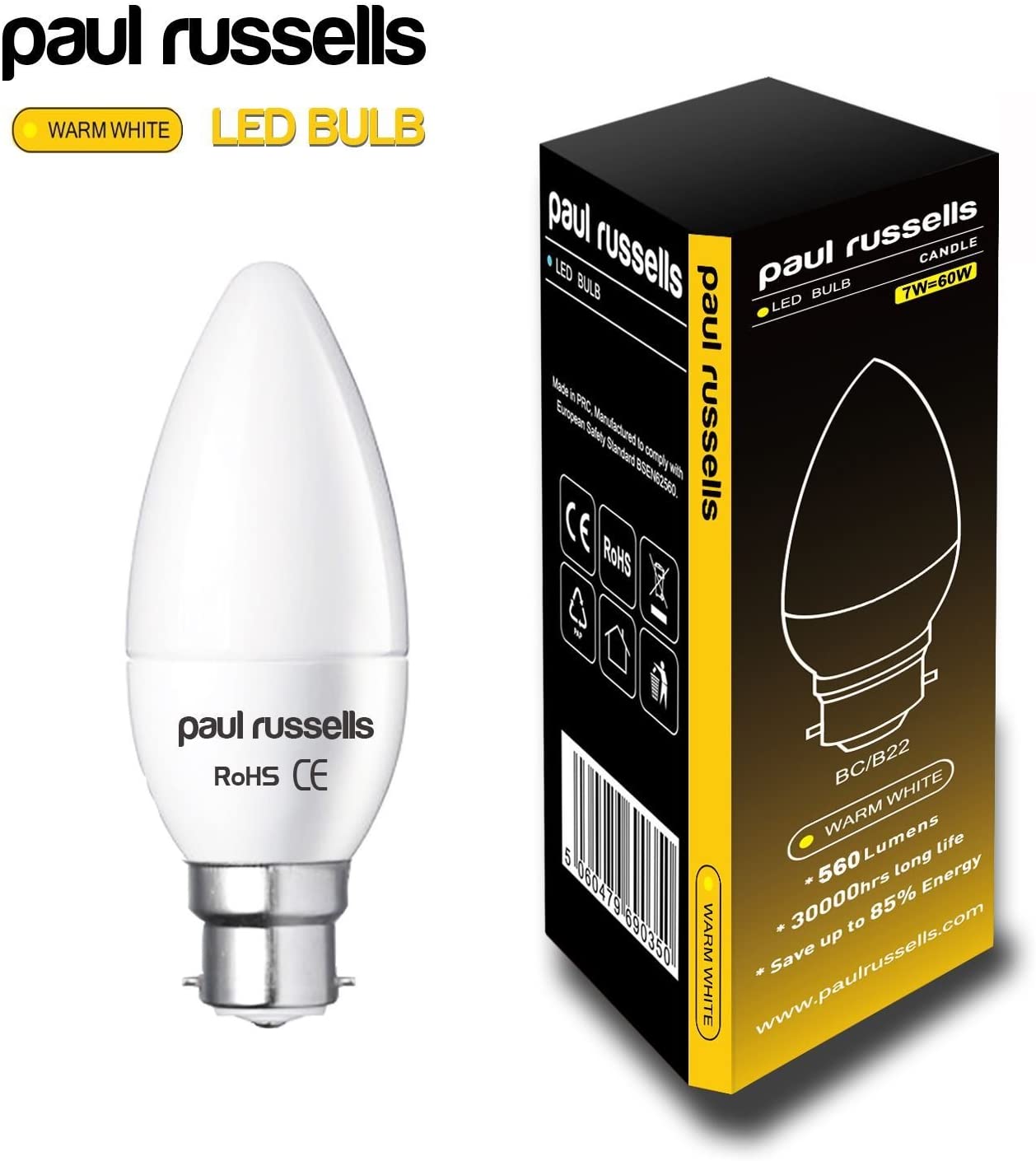 paul russells LED Light Bayonet Cap B22, 60watt Equivalent, 6.5W 806LM LED Bulbs, 2700K Bright Warm White - Image 2