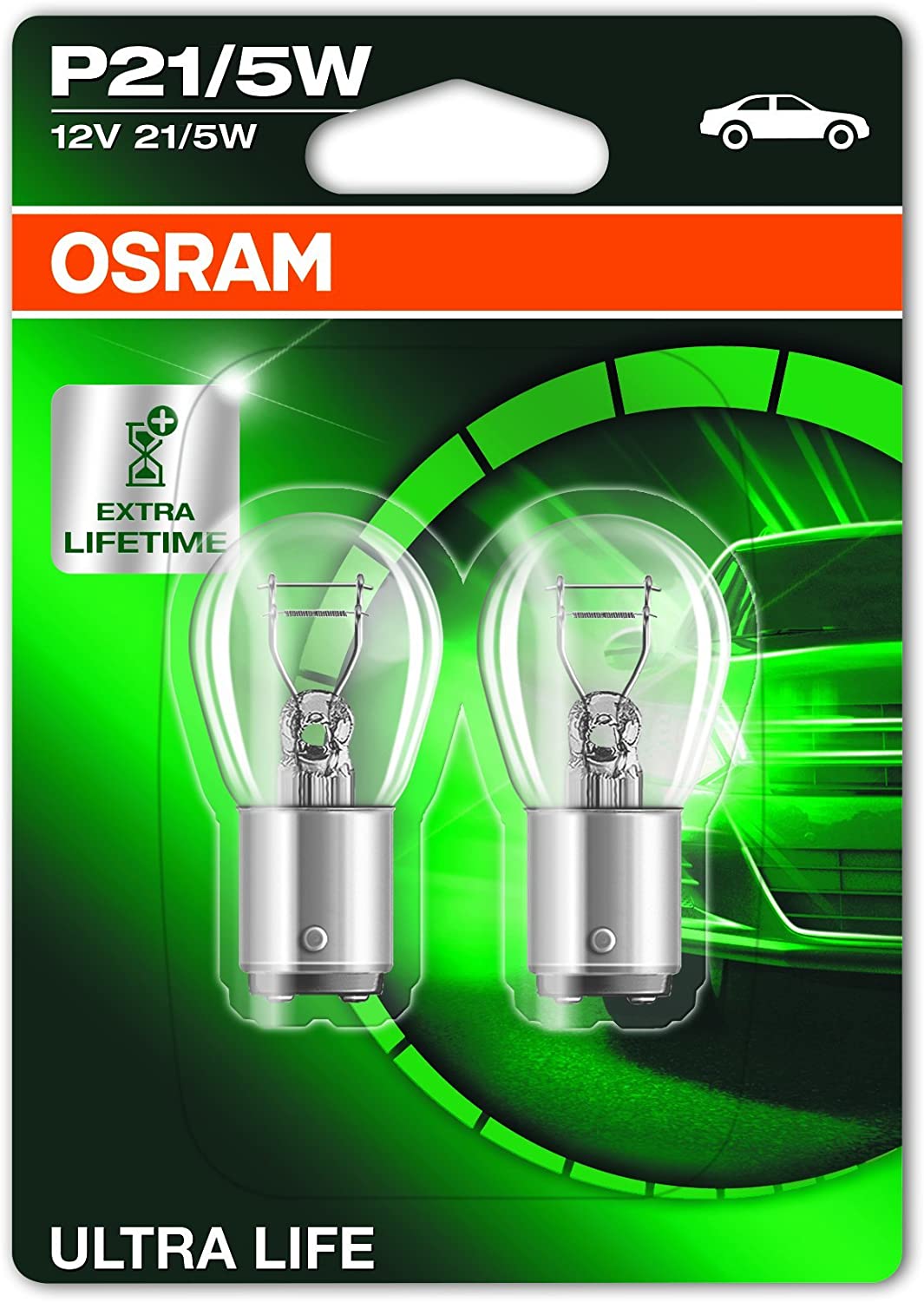 OSRAM ULTRA LIFE P21/5W halogen signal lamp, brake light, rear fog light, 7528ULT-02B, 12 V passenger car, double blister (2 units)