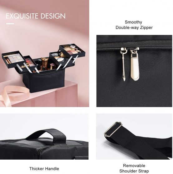 HST Large Beauty Makeup Nail Art Cosmetics Box Vanity Case Jewellery Storage Holder with Carry Strap Nylon Fabric Black, 29cm×21cm×25cm - Image 3