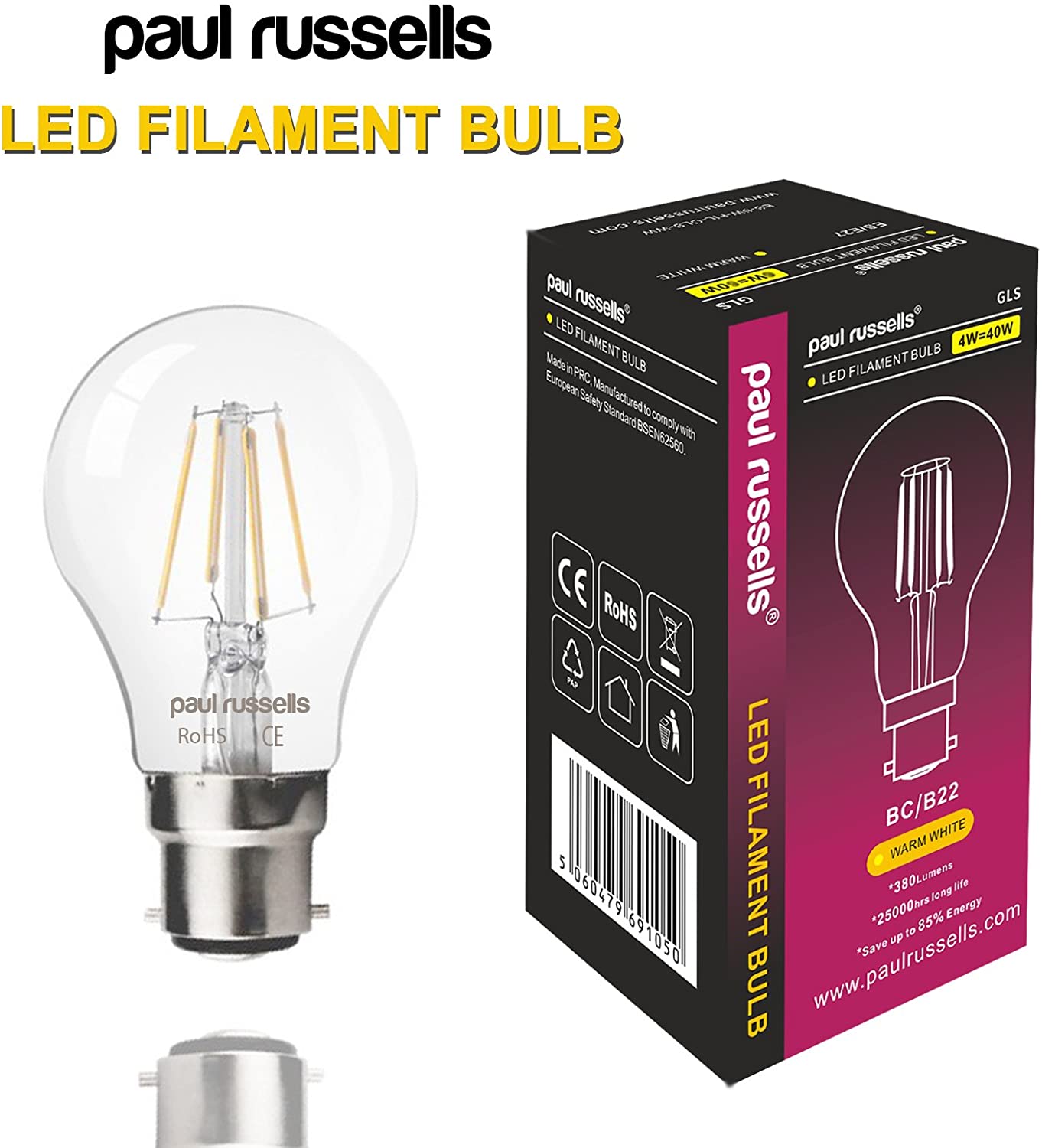 paul russells B22 Bayonet Cap LED Filament, 4.5Watt 40W Equivalent 470LM Lumens 2700K BC Standard GLS A60 - Image 2