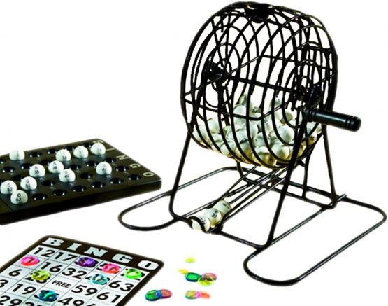 Engelhart - Mini jeu de bingo complet avec sphère - 360564 - Bingo Set Round Cage 14 inch, 75 Balls,18 Cards, 150 Coloured Markers Lotto Family lottery