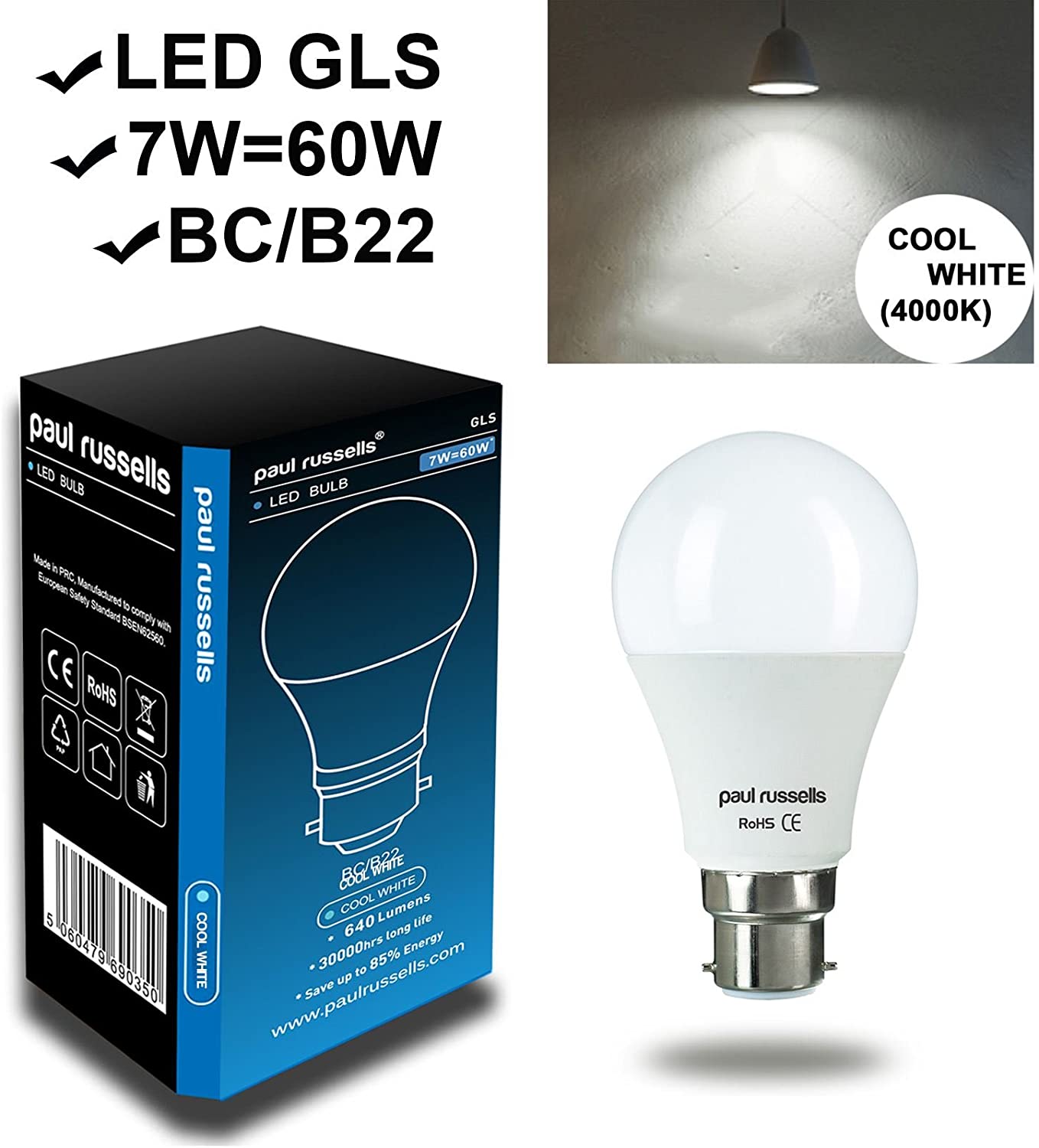 Paul russells LED GLS Lights Bayonet Cap B22, 60w Equivalent, 8Watt 806LM LED Bulbs, 4000K Cool White - Image 2