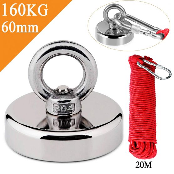 Uolor Magnet Fishing Kit with Rope 20M(66ft) & Gloves, N52 Super Power 160KG(353LB) Pulling Force Round Neodymium Eyebolt Fishing Magnet for Magnet Fishing and Salvage in River - Diameter 60MM