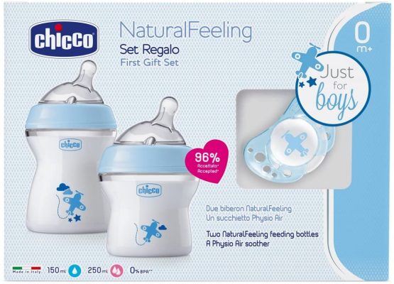 Chicco NaturalFeeling Gift Set with 2 Newborn Baby Bottles + Pacifier, 0 m + Blue - Image 2