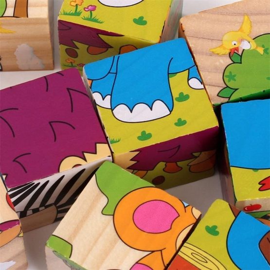 PROW® 6 in 1 Wooden Cube Puzzles Jigsaw 9 Pcs Hedgehog Elephant Tiger Deer Monkey Zebra Learning Animal Safe and Non-toxic Toy Building Blocks for Kids - Image 3