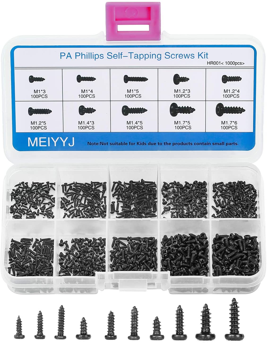 MEIYYJ Small Pan Head Self-Tapping Screws PA Phillips Head Micro Screws Tiny Self-Tapping Screws Assortment Kit Pack of 1000pcs (Black)