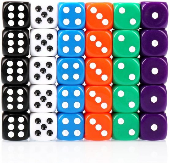 H&S 30x Dice 6 Sided 16mm 6 Colours Spot Dice Set for Dice Games