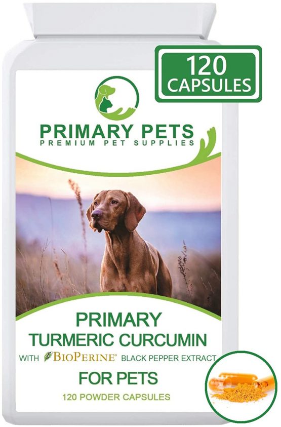 Primary Pets Premium Pet Supplies . Organic Turmeric for Dogs. 120 x 600mg Capsules. Curcumin Antioxidant Hip and Joint Aid Supplement with Active Piperine 12000mg