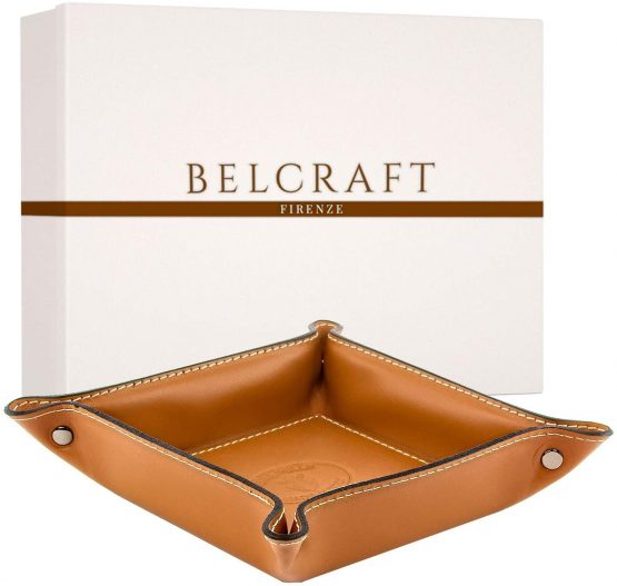 BELCRAFT Orvieto Leather Tidy Tray, Handmade Classic Italian Style, Key Wallet, Coin Box, Tan (19x19 cm)